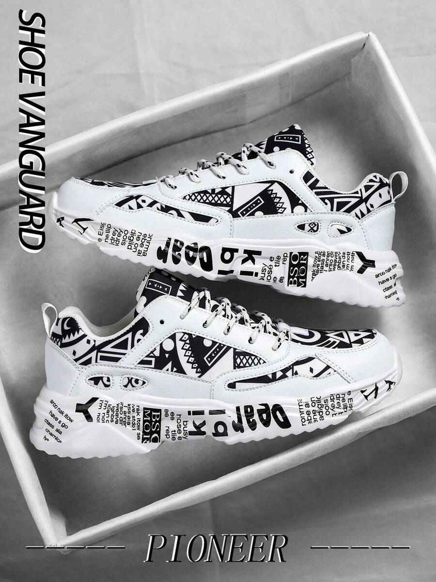 （尺码偏小）男士时尚涂鸦撞色字母贴片厚底运动鞋，舒适休闲日常百搭情侣运动鞋，适合搭配运动牛仔裤