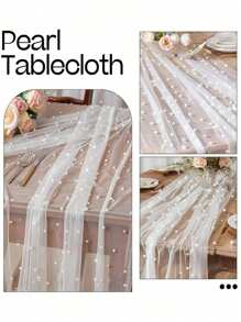 1pc Pearl Mesh Table Runner,Pearl Table Runner: Wedding Veil, Dessert Table Cover, Bohemian Style, Sheer Chiffon, Pearl Lace, Party Decoration Tablecloth ,Pearl Table Runner, Wedding Arch Decor Table Wire, Bridal Shower Decoration Fabric, Romantic Pearl Lace Tablecloth For Event Embroidery, Clear Wrinkle-Proof White Dessert Tablecloth, Chiffon Tulle White