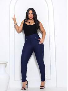 Women's Leggings With Pocket High Waist Riding Stitch Roma Skinny - Navy Blue - View 6