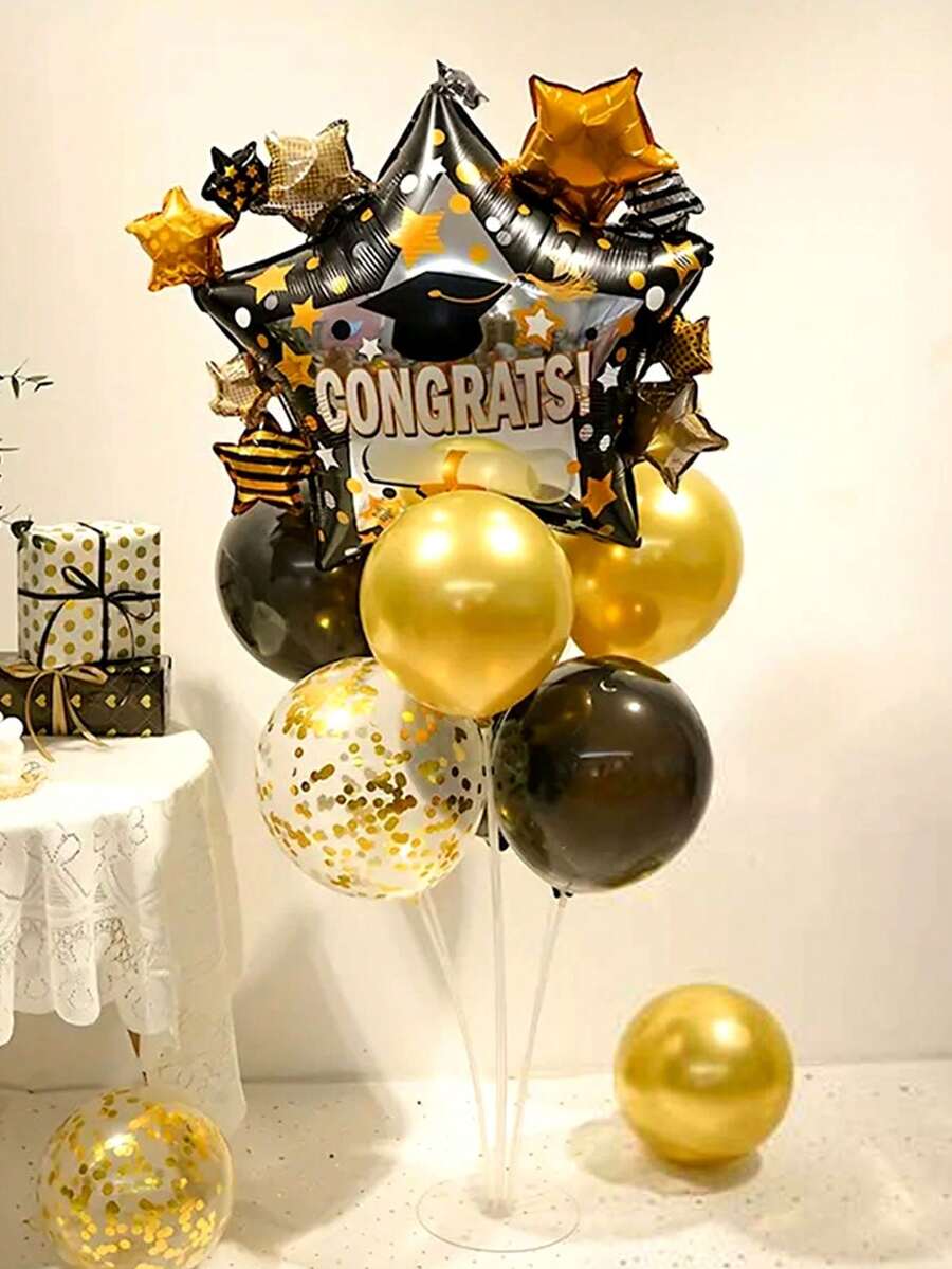 9pcs Graduation Theme Balloon Set, Starry Foil Balloons, Black Gold Metal Latex Balloons For Graduation Party, Graduation Ceremony Decor - Multicolor - View 1