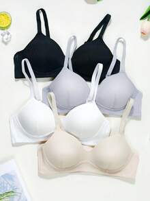 4Pcs Meninas Adolescentes Cor Sólida Triângulo Copo Sutiã Confortável Simples Adolescente Meninas Roupa Interior Adequado Para 12-15Y