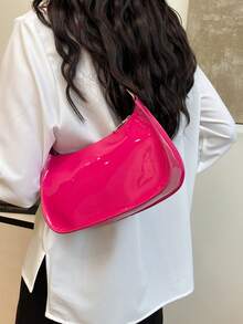 Bolso de hombro con cremallera de unicolor y minimalista, bolso en forma de media luna de moda, bolso de hombro con cremallera de piel sintética de unicolor, monedero burdeos, bolsa de lence - Rosa Fucsia - Ver 6