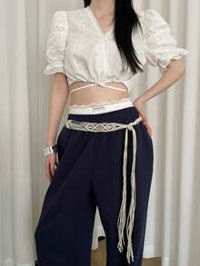 1pc Beige Handmade Beaded Waist Rope For Women, Made Of Polyester - Beige - View 2