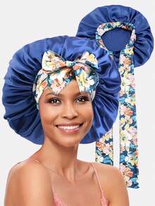 1pc Women Elastic Printed Ribbon Satin Hair Bonnet, 36cm Diameter, Head Wrap Cap Suitable For Daily Use - Multicolor - View 3