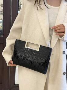 Fashionable Solid Color PU Flap Envelope Clutch Bag, High-Quality Crocodile Texture Pattern, Elegant Niche Design, Casual Minimalist, Multi-Functional - Black - View 2
