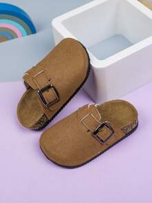 时尚百搭透气一脚蹬平底女童拖鞋，耐磨 - 卡其色 - 查看 2