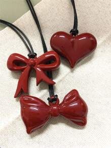 1pc Wine Red Plus Size Heart, Bowknot Pendant Long Sweater Chain Necklace For Women, Valentine's Day Jewelry, Women's Gift, Y2K Baddie Style Jewelry, Suitable For Gifts, Celebration Events, Valentine's Day Gift