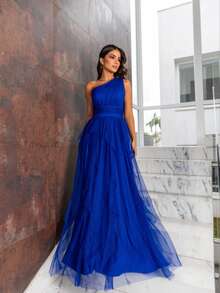 One-Shoulder Layered Bridesmaid Prom Dress - Royal Blue With Shine - View 3