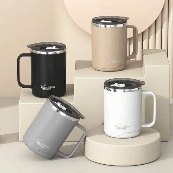 1 pieza Taza de café de acero inoxidable 304 de 500ml con tapa y asa, taza de agua aislada térmicamente de doble pared portátil, taza para beber a prueba de escaldaduras, taza de té, leche y café a prueba de fugas, adecuada para estudiantes y adultos en el hogar, la escuela, el dormitorio, la oficina, el campamento al aire libre, el picnic, los viajes, de vuelta a la escuela