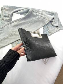 Fashionable Solid Color PU Flap Envelope Clutch Bag, High-Quality Crocodile Texture Pattern, Elegant Niche Design, Casual Minimalist, Multi-Functional - Black - View 8