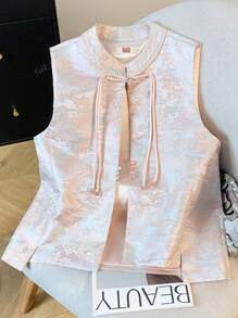 Elegante chaleco de estilo chino hecho a mano con cuello de botones, tejido Jacquard de satén, para usar en primavera/verano