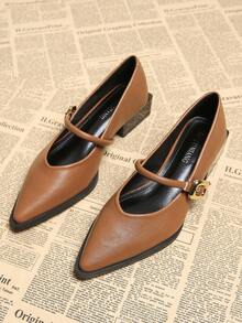 2025 Spring New Pointed Toe Flat Shoes, Elegant Simple Versatile Fashion Women Shoes, Brown Mid Heel Low Chunky Heels Pumps - Brown - View 6