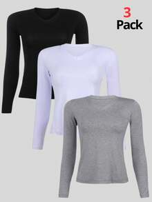 Kit 3 Women's Basic Long Sleeve V-Neck Blouses - 黑色 / 灰色 / 白色 - 查看 1