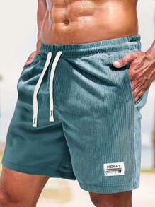 Men's Casual Corduroy Drawstring Waist Shorts, Tag Label, Suitable For Summer Outdoor Beach Leisure Wear