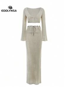 Sexy Metallic Gold Tank Top Long Skirt Knit 2 Pieces Wrap Hip Long Skirt Knit 2 Pieces Set Vacation Club Party Girl Clothing