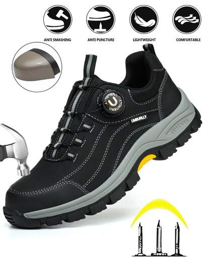 UMBURLLY Men's All-Season Protective Safety Shoes, Anti-Fatigue For Long Standing, High-Slip-Resistant Rubber Sole, Durable And Wear-Resistant, Convenient Button Closure No Laces Needed, Steel Toe Cap To Protect Against Heavy Object Impact, Puncture-Resistant Layer To Block Nails From Piercing Feet, Sleek Fit Without Bulkiness, Suitable For Workshop, Construction Site, Outdoor Use All Year Round, Easy Operation And Time-Saving, All-Weather Stable Protection For Feet