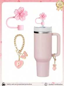 2pcs/Set Accessories For 30-40oz Cups, Pink Letter Cup Marker And Silicone Fuchsia Flower Straw Lid, Silicone Anti-Slip Protective Cover, Reusable 10mm Thick Straw Lid, Cute Letter Decor Fits Modern Minimalist Glass Cups, Back To School Supplies