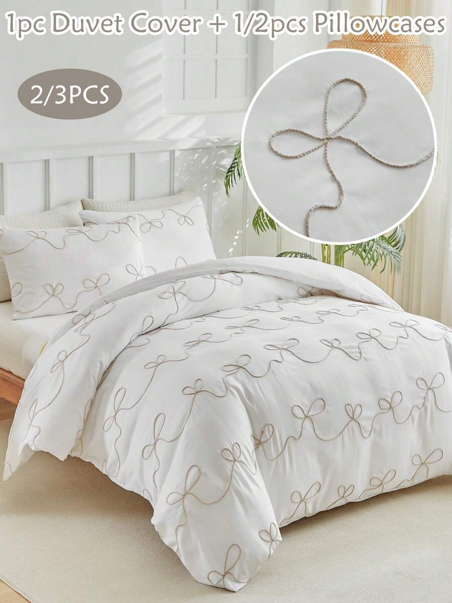 2/3 件卡其色蝴蝶结纹理图案涤纶羽绒被套,波西米亚风现代床上用品套装,特大号,适合所有季节(1 件羽绒被套 + 1/2 件枕套) - 卡其色 - 查看 1