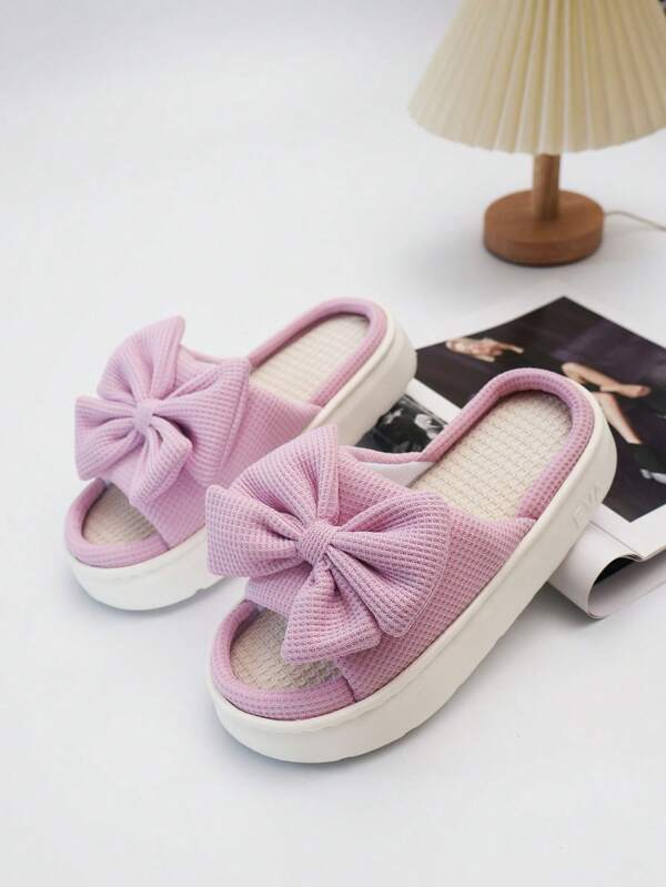 Nuove pantofole di lino per donna, con fiocco viola, antiscivolo e confortevoli per uso domestico e casual, traspiranti, suola spessa, realizzate in morbido materiale di lino