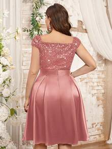 加大 V 领亮片蕾丝撞色缎面正式派对秋千裙，优雅舞会婚礼宾客礼服，适合生日、毕业典礼、返校节 - 藕粉色 - 查看 2