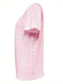 刺绣穿孔方领 T 恤，休闲短袖前褶衬衫，春夏，女士