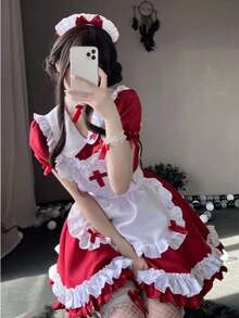 一件可爱甜美女仆蕾丝缎面蝴蝶结双色连衣裙，适合角色扮演、舞台表演、节日派对、休闲穿着、万圣节、派对礼服 - 彩色 - 查看 4