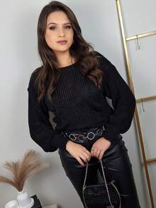 Cropped Blouse Long Sleeve Puffed Cold Sweater Knitting Women's Fashion - 黑色 - 查看 2