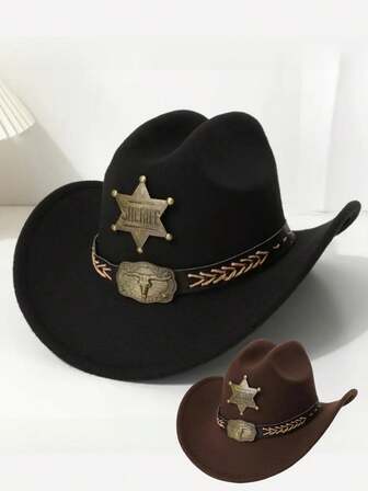 1 件男女通用西部牛仔帽，带星星和腰带扣装饰，由涤纶制成，适合户外活动、徒步旅行、骑马、派对和日常穿着