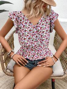 BLUSA DAMA ESTAMPADA FLORES MANGA CORTA CINTURA AJUSTADA PEPLUM CUELLO V - Multicolor - Ver 1