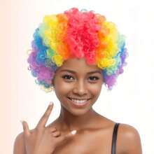 Peluca afro burbuja vibrante - Peluca de disfraz de payaso colorida para fiestas, fans y eventos temáticos, con gorra de malla elástica, excelente para cosplay y fiestas festivas, pelucas de festival, peinados rizados, pelucas de ajuste seguro, accesorios de peluca, tocado falso de rizos redondos, pelucas afro, fans de pelo