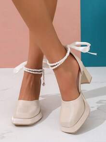 （建议选购大一码）女士仿珍珠装饰绑带粗跟方头蝴蝶结套脚鞋，适合搭配裙装