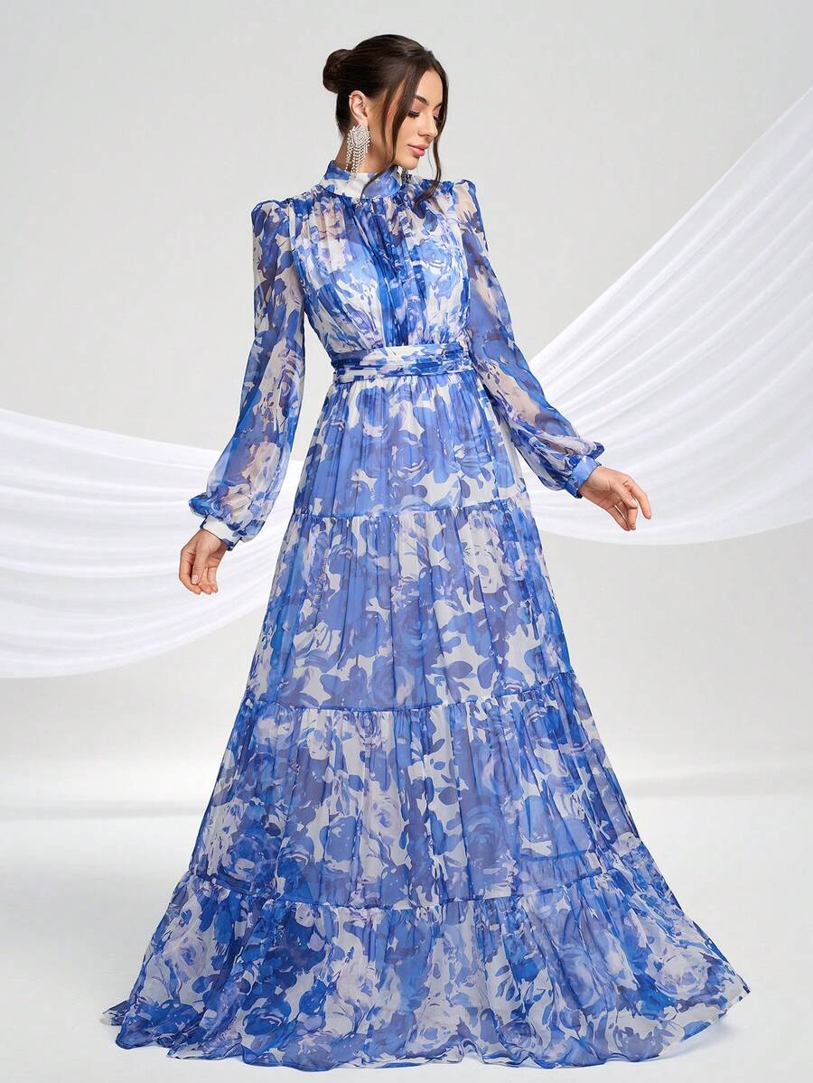 Tie Dye Chiffon Long Sleeve Women Dress Wedding Anniversary Music Festival Family Cocktail Party Vacation, Formal, Gown, For Evening, Wedding Guest Spring - 彩色 - 查看 1