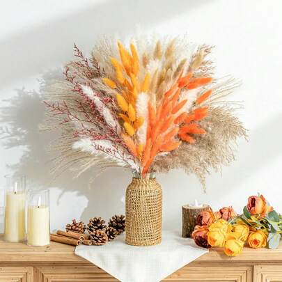 48pcs Orange Yellow Rabbit Tail Grass Dried Pampas Feather Grass Flowers Bouquet
