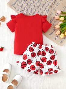 2pcs Girls' Summer Casual Outfit: Cap Sleeve Round Neck Puff Sleeve Ladybug T-Shirt With Bow Detail & Ladybug Printed Ruffle Shorts, Suitable For 4-7 Years Old