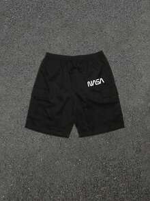 Men's Casual Letter Print Utility Shorts - Black - View 3