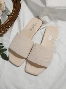 女士白色编织平底拖鞋，休闲度假沙滩凉鞋，春夏穿搭 - 米色 - 查看 6