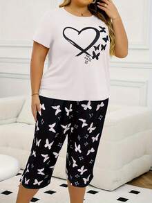 Bộ 2 chiếc/Bộ áo thun tay ngắn họa tiết bướm trái tim cỡ lớn dành cho nữ và quần Capri, đồ mặc nhà thoải mái cho mùa xuân, mùa hè, co giãn nhẹ, mọi mùa, trang phục - Đen và trắng - Xem 3