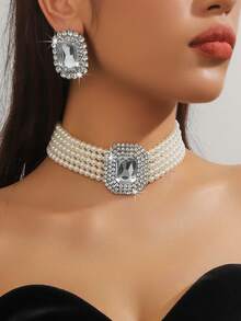 1 Pc Women's Luxury Fashion Geometric Square Fuchsia, Green, White, Black Crystal Faux Pearl Necklace & 1 Pair Matching Geometric Square Fuchsia, Green, White, Black Crystal Faux Pearl Earrings, Two Pieces Set, Suitable For Evening Gown And Daily Wear - Multi-layer Pearl Large Rectangular Crystal Two-piece Set - View 8