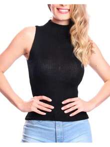 Women's Ribbed Tank Top With Garrafinha Knitting, High Neck Sleeveless Blouse, Lightweight, Faby Knit - 黑色 - 查看 2