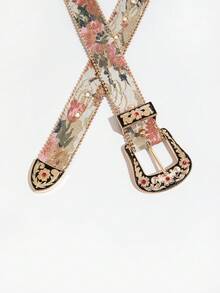 1pc Women's Gem Carved Buckle Multi-Color Palace Style Floral Embroidered PU Leather Belt Summer, School Fall, Autumn, Halloween - Multicolor Embroidered Floral Print - View 5