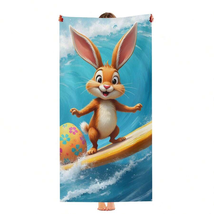 Easter Bunny Surfing With Egg On Wave Super Soft And Cozy Lightweight Printed 75X150cm Large Bath Towel, Quick Drying, Absorbent, Soft And Comfortable, Ultra-Fine Fiber Beach Towel
