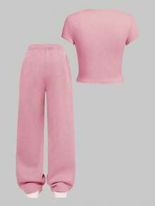 少女休闲字母印花T恤和裤子套装，夏季 - 淺粉色 - 查看 3