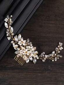 1pc Bride Elegant Beaded Crystal Comb Hairpin, Delicate Hair Accessory For Wedding Dress Combs For Hair Side Comb, School Stuff, Faux Pearl Hair Accessories, Bridesmaids Gifts, Looks Of Party, Head Accessories, Bridal Hair Accessory - Gold - View 2