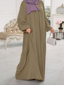 1pc Plain Ruched Bust And Sleeve Design Abaya Robe, Versatile And Suitable For Casual, Leisure, Prayer Occasions, Modest - Khaki - View 4