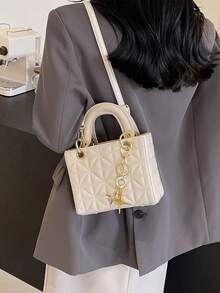 女士时尚白色单肩包，复古牛仔风格，百搭设计，拉链开合，涤纶衬里，纯色斜挎包 - 白色 - 查看 3