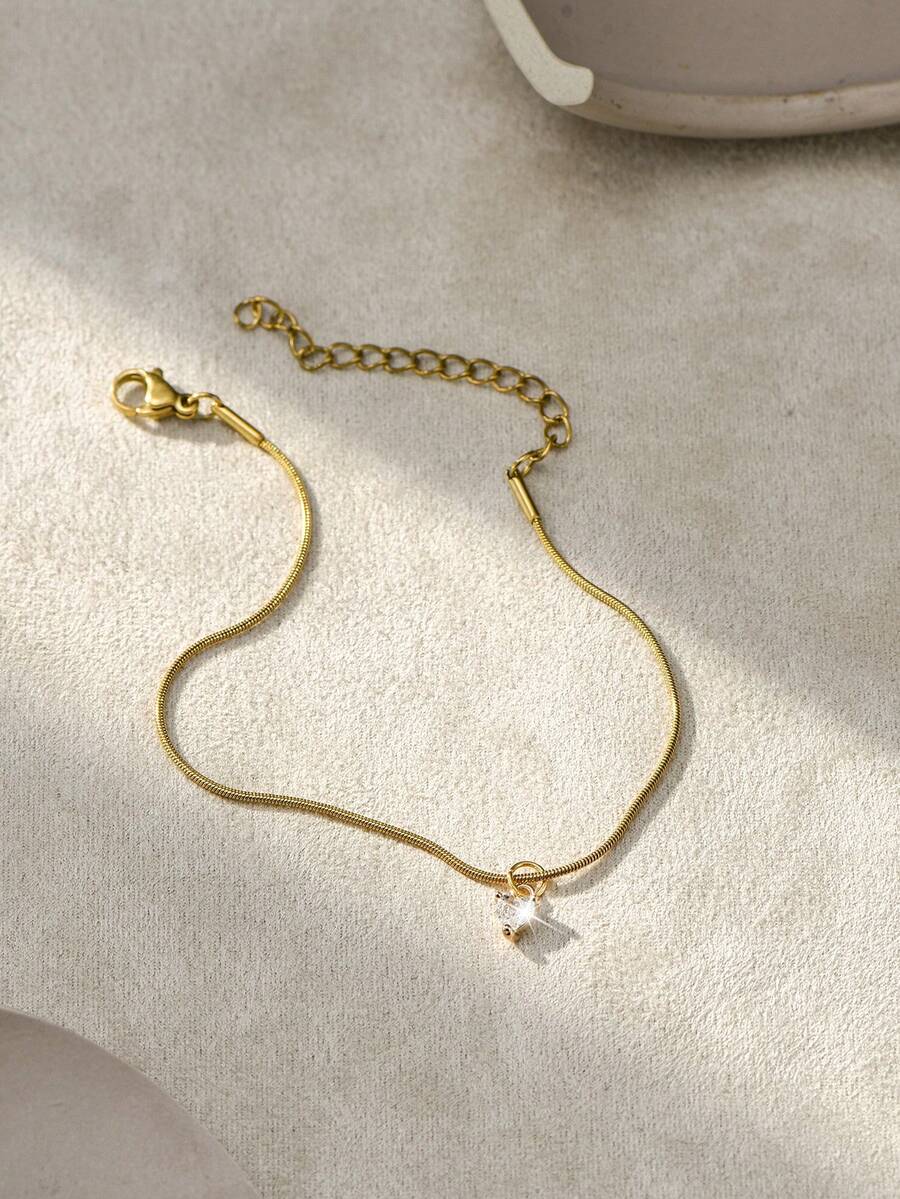 1pc Minimalist Gold-Tone Jewelry Stainless Steel Heart Pendant Bracelet, Cubic Zirconia Inlaid, Luxury Gift For Women - Yellow Gold - View 1
