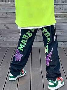 Jupkem American Rock And Hip-Hop Street Men's Pants With Star Pattern Patch Design, Loose Straight Leg Wide Leg Casual Pants, High Street Ins Jeans, Black