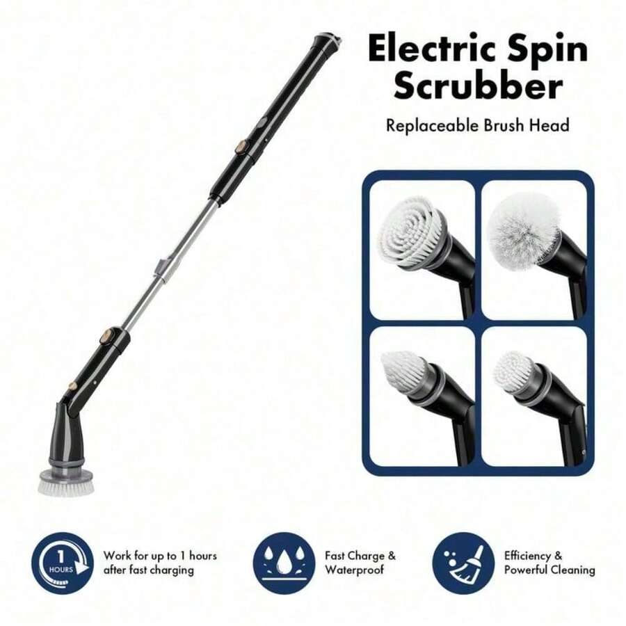 Trucozie Electric Spin Scrubber, Cordless Cleaning Brush With 440RPM/90Mins Runtime, 3 Adjustable Angles&Sizes, 6 Replaceable Brush Heads, 2 Speeds For Bathroom Glass, Car Cleaning, Bathtub, And Shower-TLL