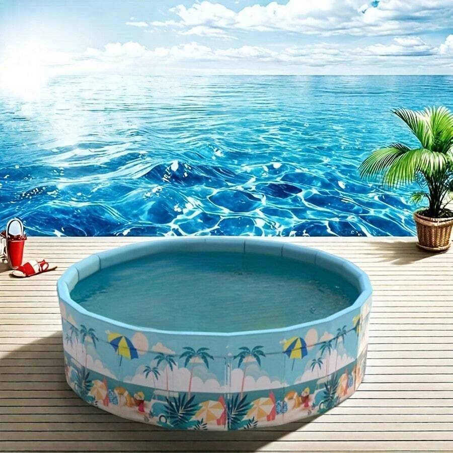 حوض سباحة دائري عائلي استوائي قطعة واحدة - من البي في سي، بدون حاجة للنفخ، قابل للطي للتخزين السهل، مثالي لتجمعات الأماكن المفتوحة واللعب الداخلي، بتصميم شجرة النخيل الزرقاء، حوض استرخاء | حوض صيف، حوض بي في سي، قطع طفو - متعدد الألوان - مشاهدة 1