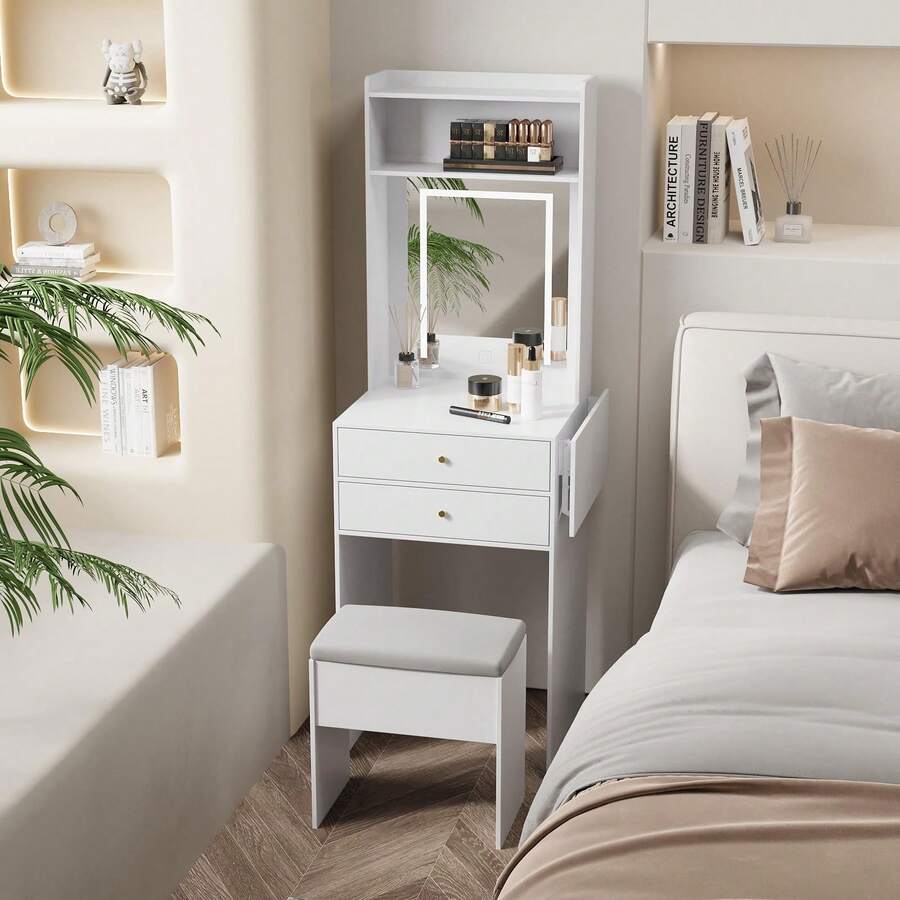 Vanity Table With 3 Adjustable Lighted Mirrors, Vanity Set For Small Spaces, Dressing Table With Folding Panel For Bedroom - White - View 1
